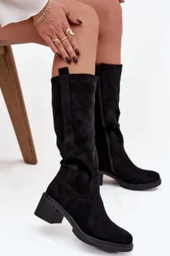 Kozaki Damskie Na Klocku Eko Zamszowe Czarne Darisse