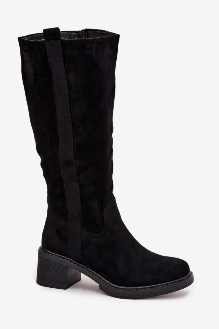 Kozaki Damskie Na Klocku Eko Zamszowe Czarne Darisse