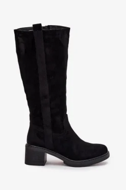 Kozaki Damskie Na Klocku Eko Zamszowe Czarne Darisse