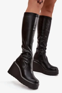 Kozaki Damskie Na Koturnie Czarne Terisse