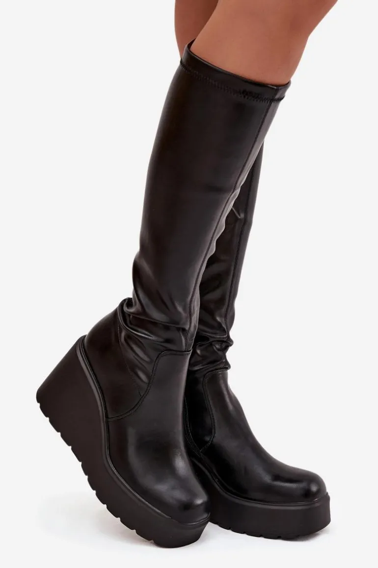 Kozaki Damskie Na Koturnie Czarne Terisse