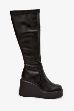 Kozaki Damskie Na Koturnie Czarne Terisse