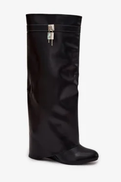 Kozaki Damskie Na Koturnie Z Paskiem I Srebrnym Detalem Eko Skórzane Czarne Korivelle