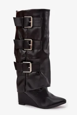 Kozaki Damskie Na Koturnie Z Wywiniętą Cholewką I Srebrnymi Klamrami Czarne Sarisse