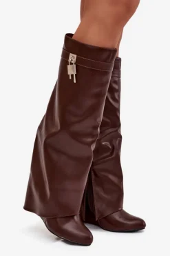 Kozaki Damskie Na Koturnie Z Paskiem I Srebrnym Detalem Eko Skórzane Brązowe Korivelle