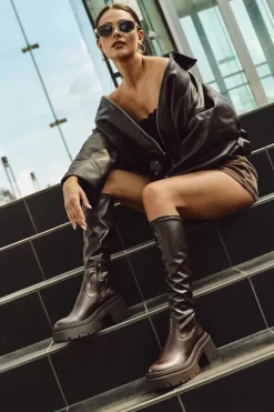 Kozaki Damskie Na Masywnym Obcasie I Platformie Wsuwane Brązowe Florinne