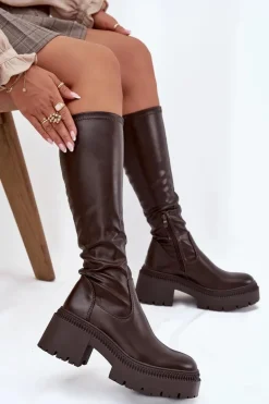 Kozaki Damskie Na Masywnym Obcasie I Platformie Wsuwane Brązowe Florinne