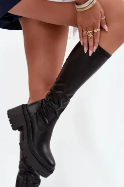 Kozaki Damskie Na Masywnym Obcasie I Platformie Wsuwane Czarne Florinne