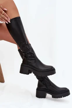 Kozaki Damskie Na Masywnym Obcasie I Platformie Wsuwane Czarne Florinne