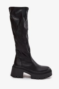 Kozaki Damskie Na Masywnym Obcasie I Platformie Wsuwane Czarne Florinne