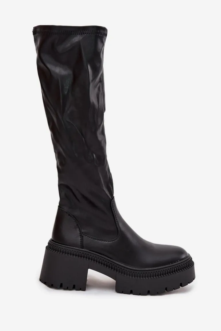 Kozaki Damskie Na Masywnym Obcasie I Platformie Wsuwane Czarne Florinne