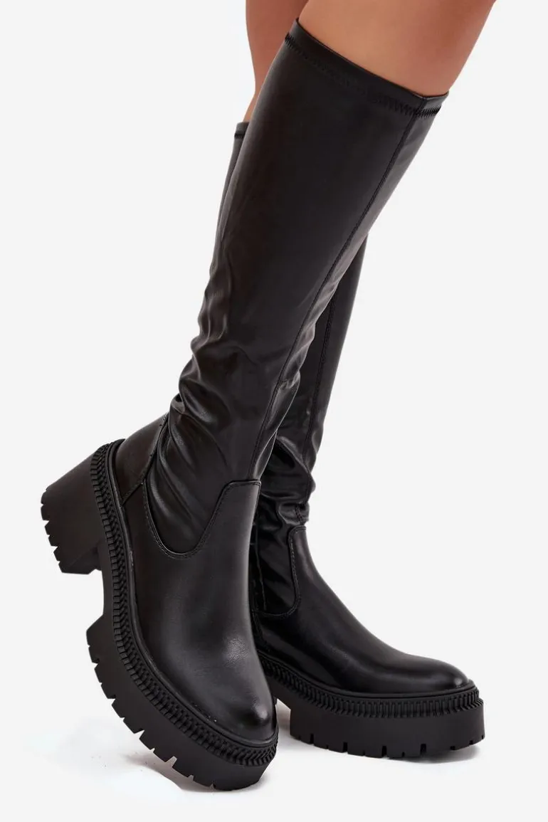 Kozaki Damskie Na Masywnym Obcasie I Platformie Wsuwane Czarne Florinne