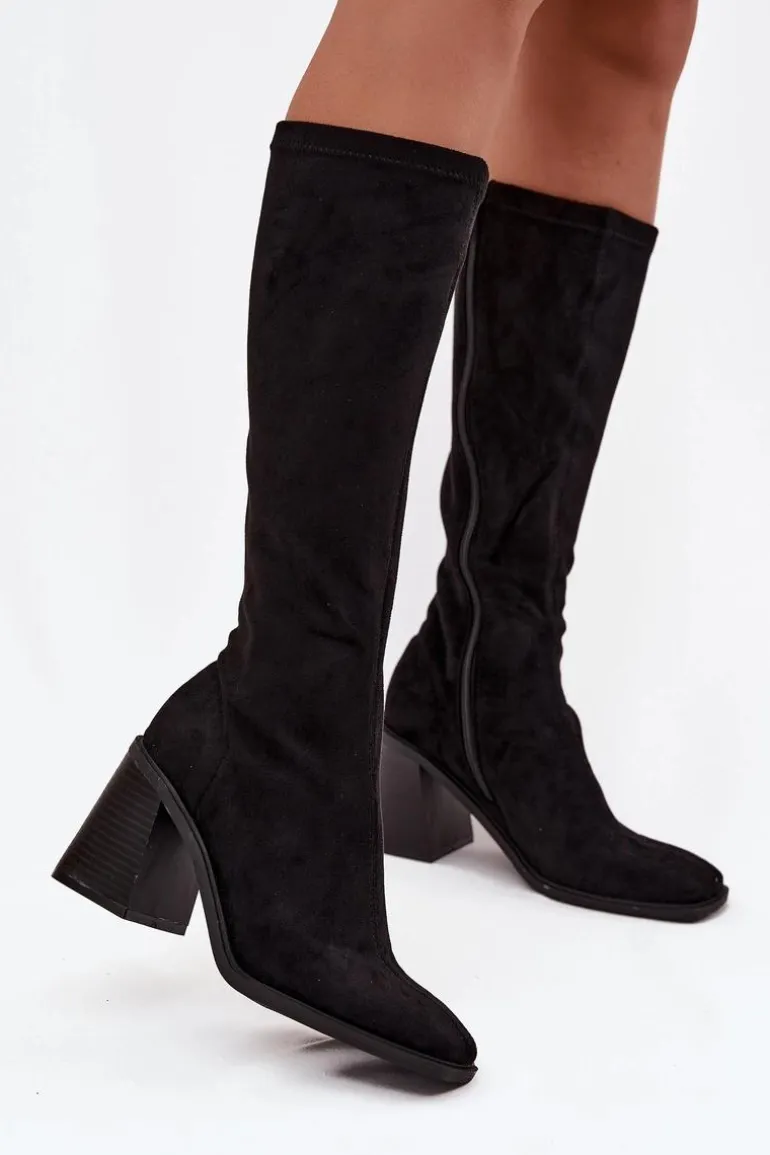 Kozaki Damskie Na Masywnym Słupku Eko Zamszowe Czarne Traven