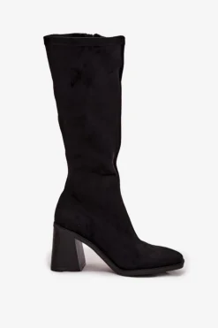 Kozaki Damskie Na Masywnym Słupku Eko Zamszowe Czarne Traven