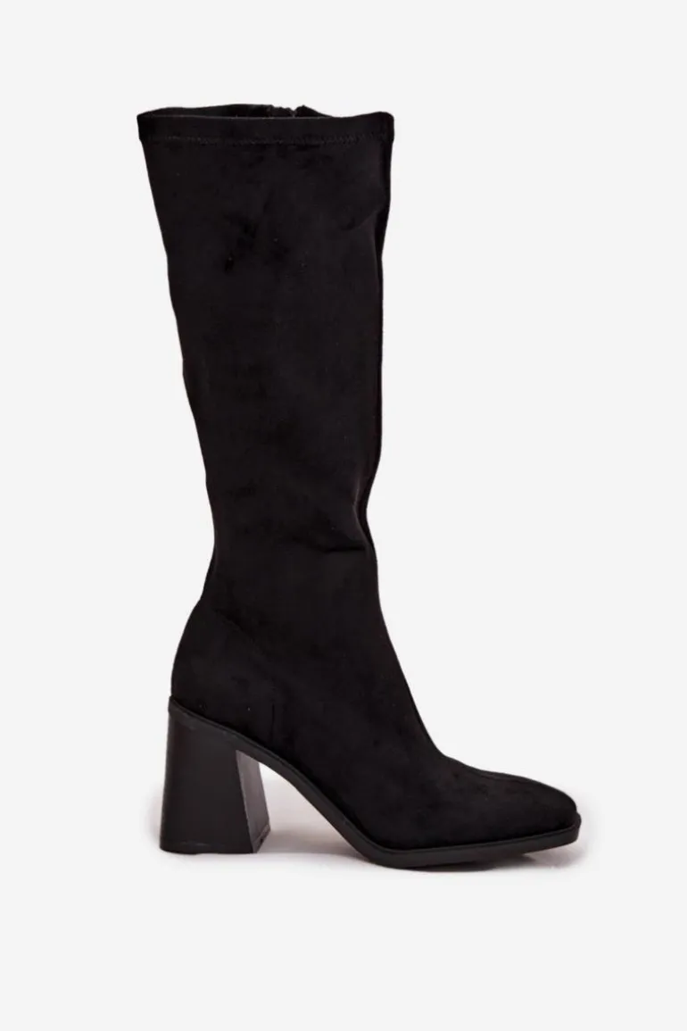 Kozaki Damskie Na Masywnym Słupku Eko Zamszowe Czarne Traven