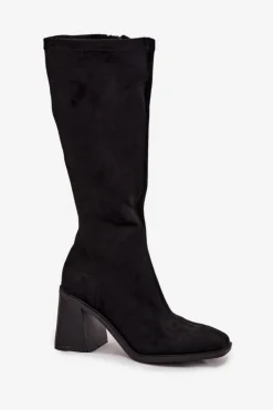 Kozaki Damskie Na Masywnym Słupku Eko Zamszowe Czarne Traven