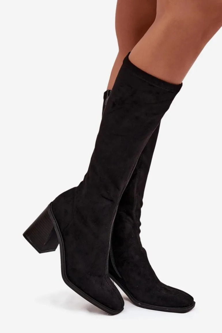 Kozaki Damskie Na Masywnym Słupku Eko Zamszowe Czarne Traven