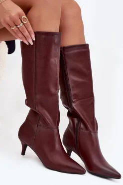Kozaki Damskie Na Niskiej Szpilce Ocieplane Z Eko Skóry Bordowe Marcellia
