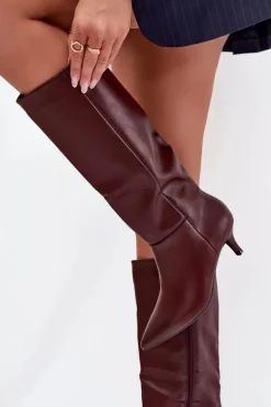 Kozaki Damskie Na Niskiej Szpilce Ocieplane Z Eko Skóry Bordowe Marcellia