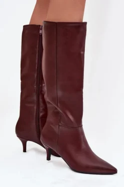 Kozaki Damskie Na Niskiej Szpilce Ocieplane Z Eko Skóry Bordowe Marcellia