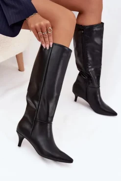 Kozaki Damskie Na Niskiej Szpilce Ocieplane Z Eko Skóry Czarne Marcellia