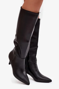 Kozaki Damskie Na Niskiej Szpilce Ocieplane Z Eko Skóry Czarne Marcellia