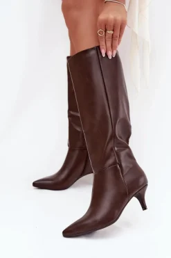 Kozaki Damskie Na Niskiej Szpilce Ocieplane Z Eko Skóry Czekoladowe Marcellia
