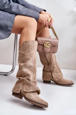 Kozaki Damskie Na Niskim Obcasie Z Wywiniętą Cholewką Beżowe Stinova