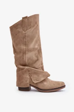 Kozaki Damskie Na Niskim Obcasie Z Wywiniętą Cholewką Beżowe Stinova