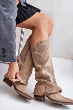 Kozaki Damskie Na Niskim Obcasie Z Wywiniętą Cholewką Beżowe Stinova