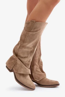 Kozaki Damskie Na Niskim Obcasie Z Wywiniętą Cholewką Beżowe Stinova