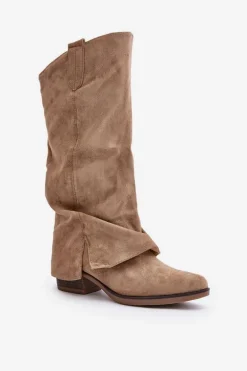 Kozaki Damskie Na Niskim Obcasie Z Wywiniętą Cholewką Beżowe Stinova