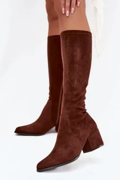 Kozaki Damskie Na Niskim Obcasie Eko Zamszowe Sergio Leone KZ212 Brązowe