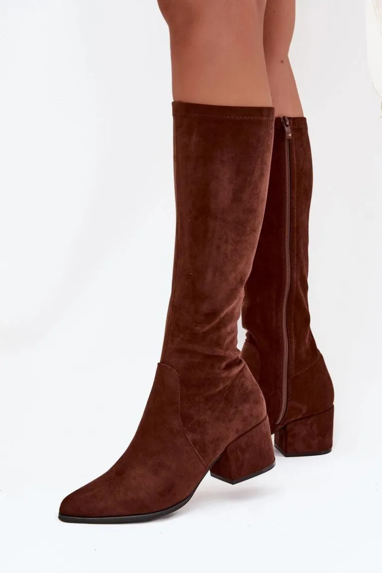 Kozaki Damskie Na Niskim Obcasie Eko Zamszowe Sergio Leone KZ212 Brązowe