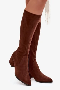 Kozaki Damskie Na Niskim Obcasie Eko Zamszowe Sergio Leone KZ212 Brązowe