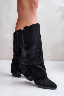 Kozaki Damskie Na Niskim Obcasie Z Wywiniętą Cholewką Czarne Stinova