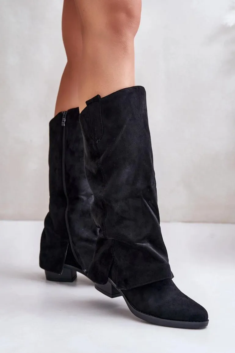 Kozaki Damskie Na Niskim Obcasie Z Wywiniętą Cholewką Czarne Stinova