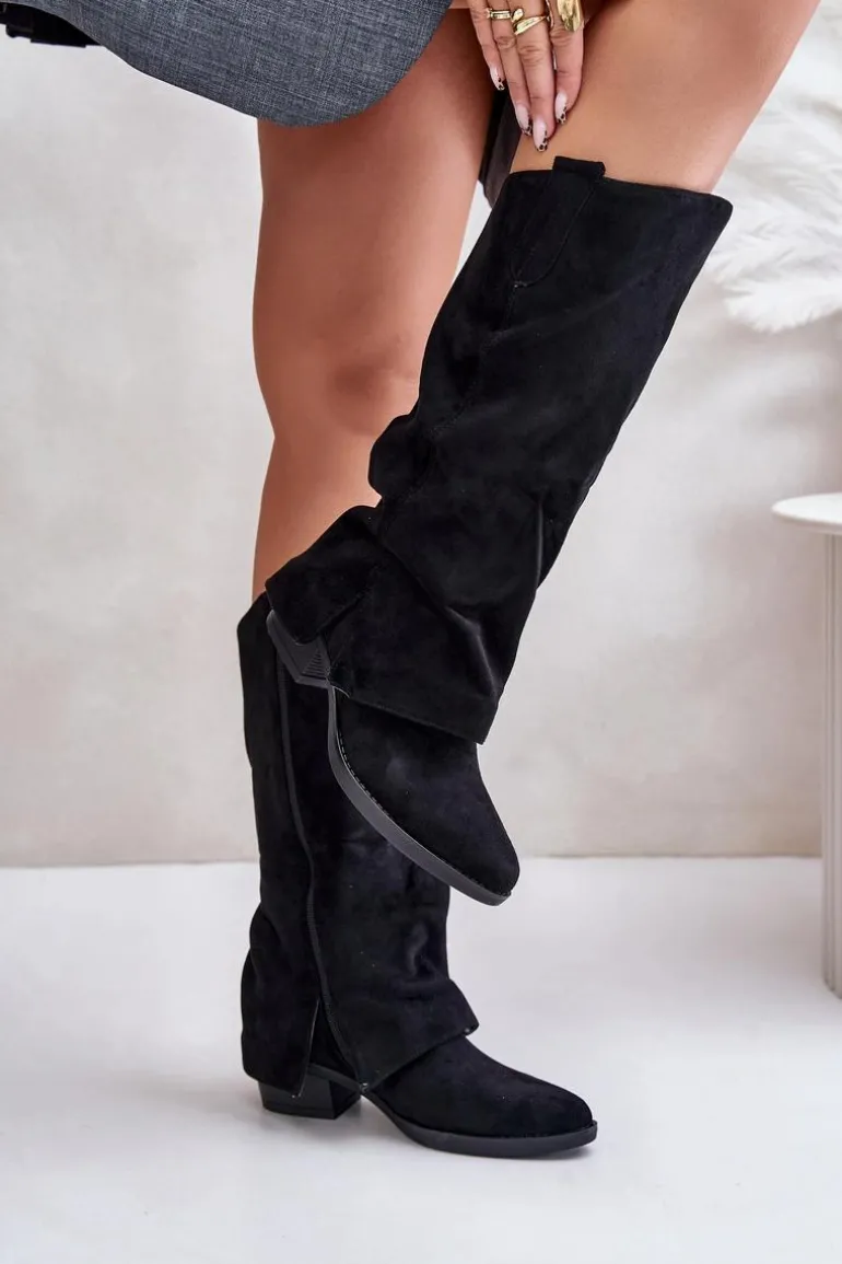 Kozaki Damskie Na Niskim Obcasie Z Wywiniętą Cholewką Czarne Stinova