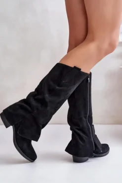 Kozaki Damskie Na Niskim Obcasie Z Wywiniętą Cholewką Czarne Stinova