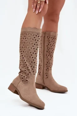 Kozaki Damskie Na Niskim Obcasie Z Ażurowym Wzorem Beżowe Marcelline