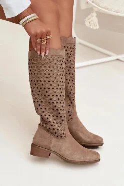 Kozaki Damskie Na Niskim Obcasie Z Ażurowym Wzorem Beżowe Marcelline