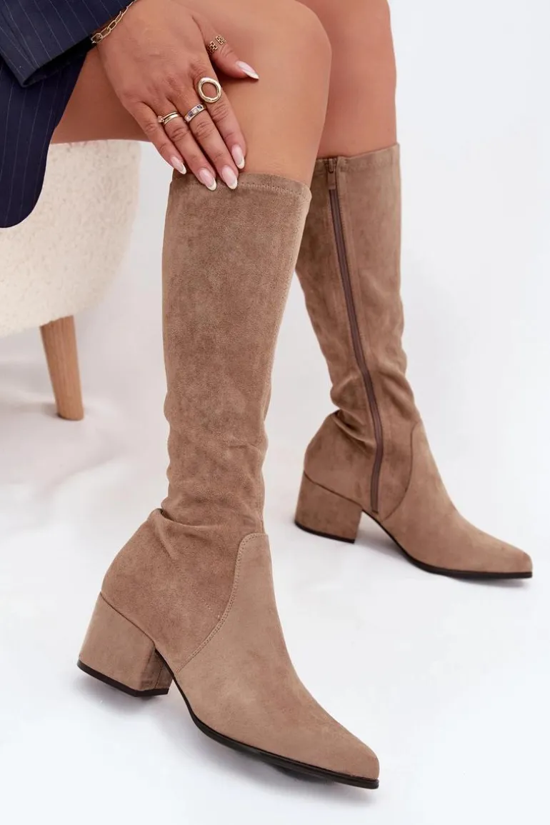 Kozaki Damskie Na Niskim Obcasie Eko Zamszowe Sergio Leone KZ212 Beżowe