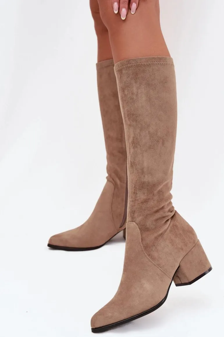 Kozaki Damskie Na Niskim Obcasie Eko Zamszowe Sergio Leone KZ212 Beżowe