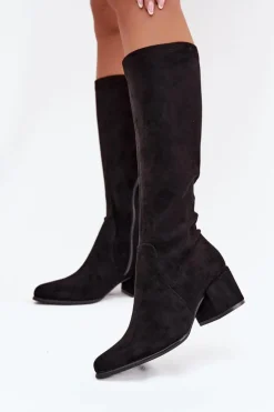 Kozaki Damskie Na Niskim Obcasie Eko Zamszowe Sergio Leone KZ212 Czarne