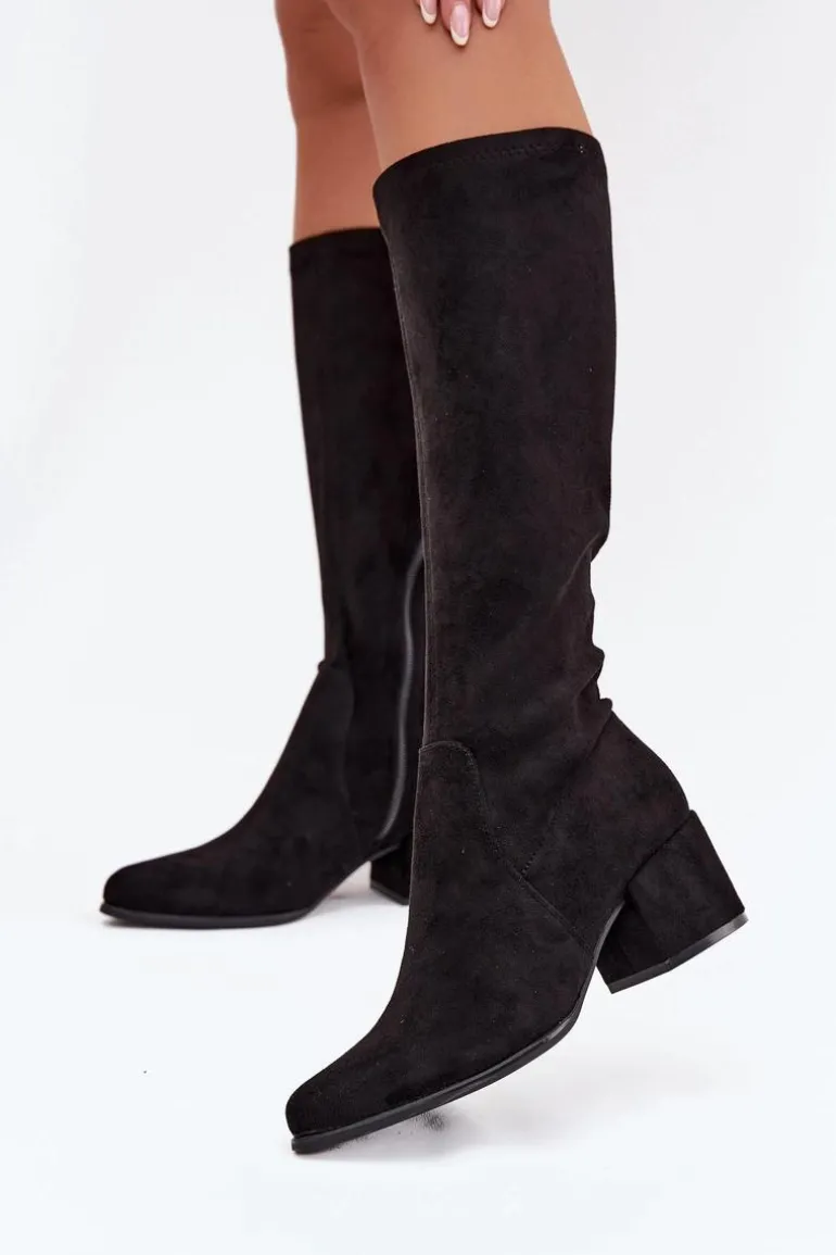 Kozaki Damskie Na Niskim Obcasie Eko Zamszowe Sergio Leone KZ212 Czarne