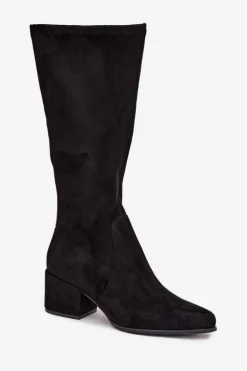 Kozaki Damskie Na Niskim Obcasie Eko Zamszowe Sergio Leone KZ212 Czarne