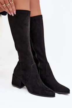 Kozaki Damskie Na Niskim Obcasie Eko Zamszowe Sergio Leone KZ212 Czarne