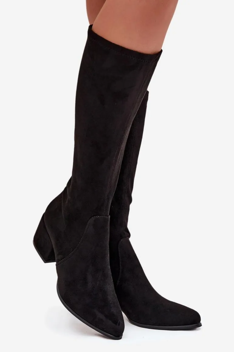 Kozaki Damskie Na Niskim Obcasie Eko Zamszowe Sergio Leone KZ212 Czarne