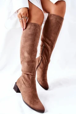 Kozaki Damskie Na Obcasie Zamszowe Beżowe Bolea