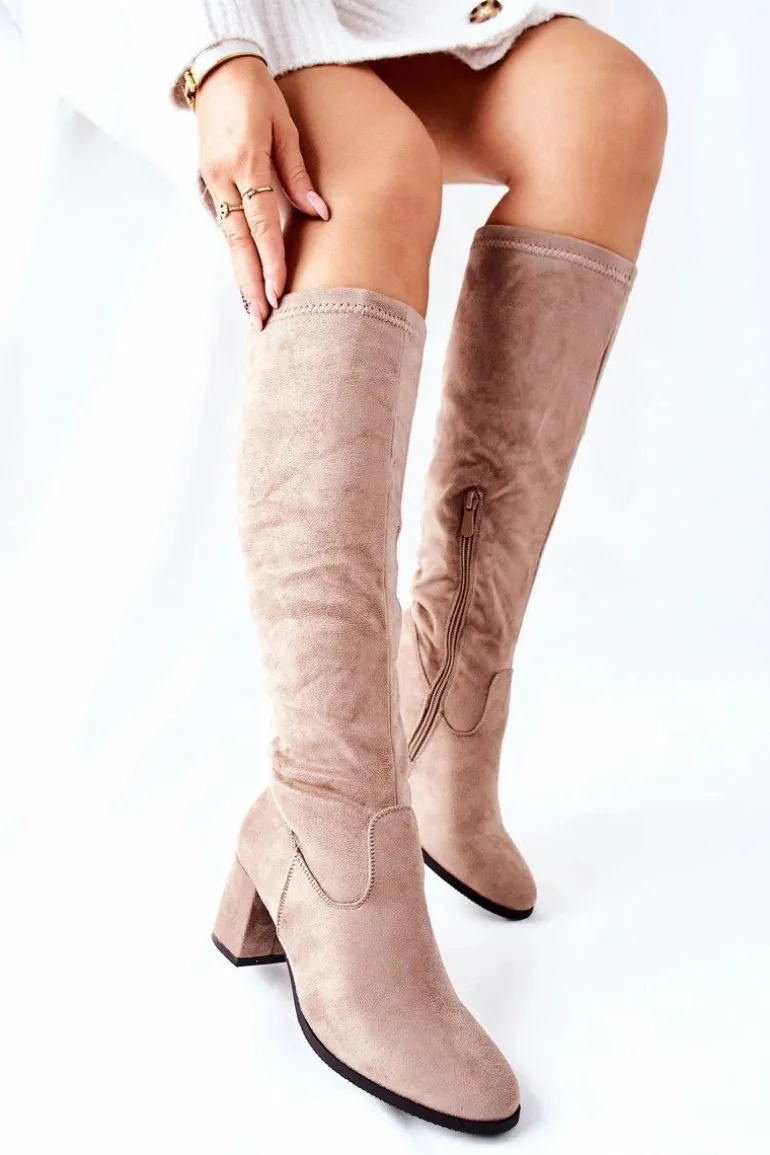 Kozaki Damskie Na Obcasie Zamszowe Beżowe Newferry